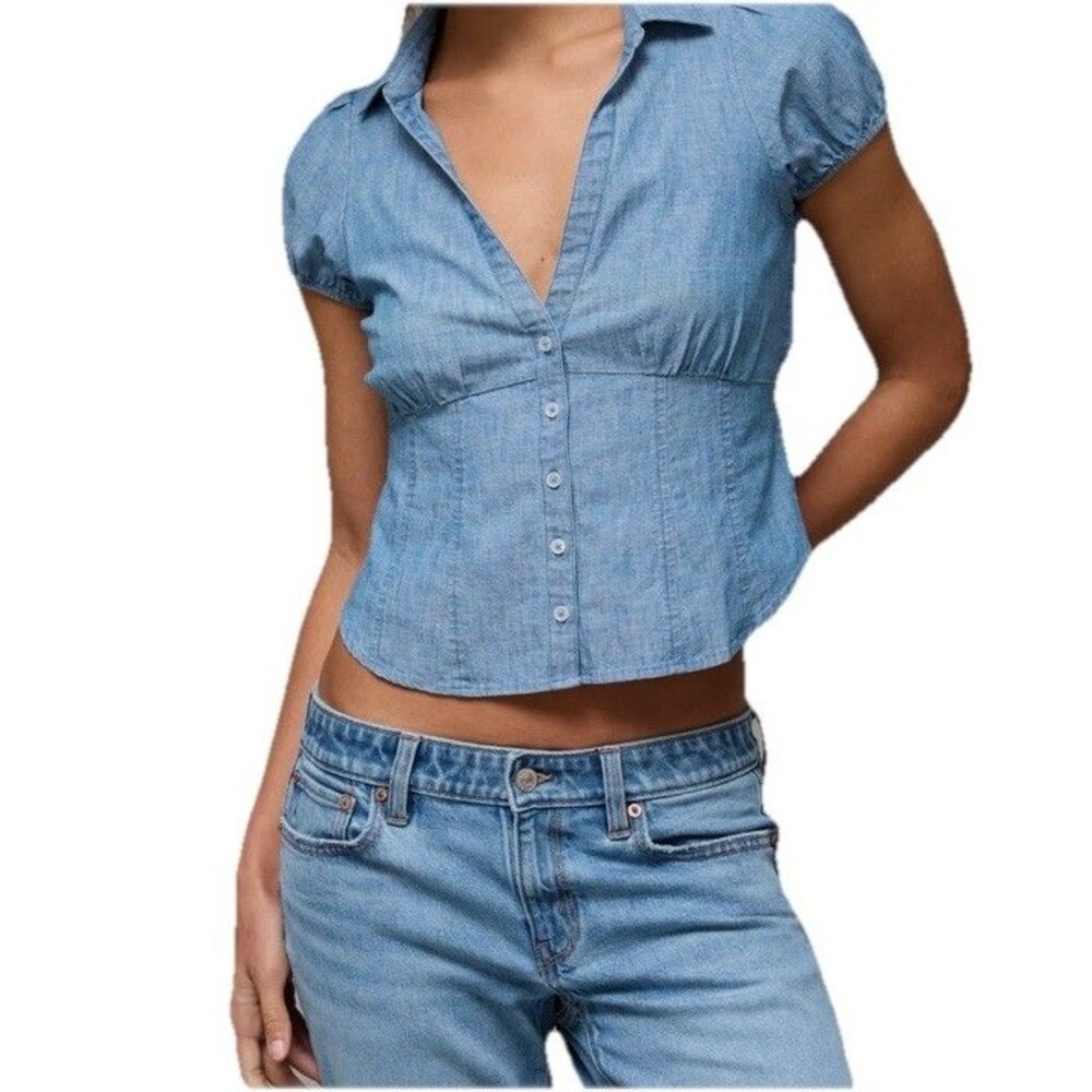 American Eagle AE Short Sleeve Button Up Shirt Blouse Womens Blue Size XS Cotton